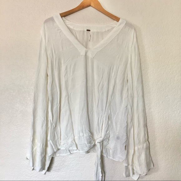 Free People Tops - Free People White light Weight Blouse Tie Bottom with Bell Sleeves